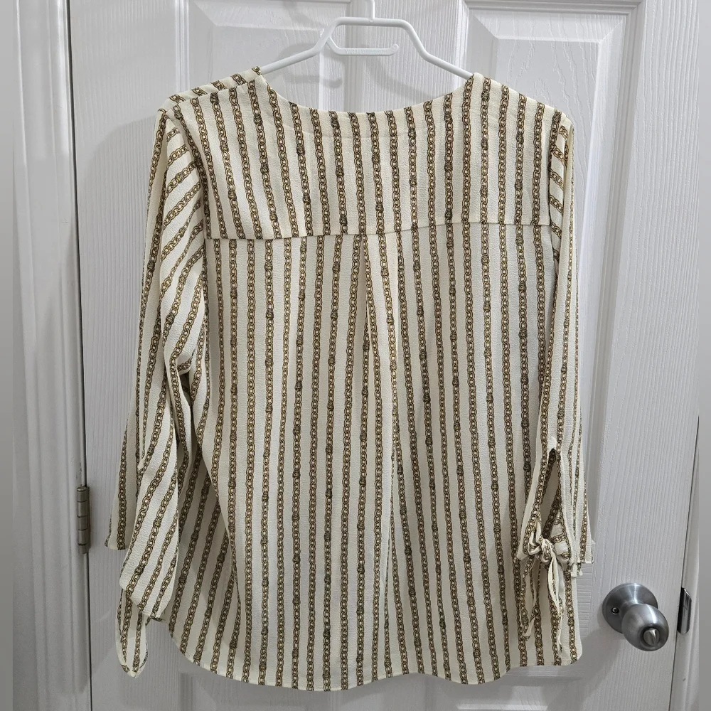 MICHAEL Michael Kors Chain Striped Cream & Gold 3/4 Tie Sleeve Blouse Size L - Picture 5 of 11